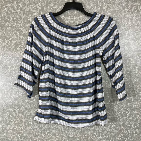 J Jill Black & Blue Striped Linen Blend Peasant Blouse - Size XS - Smocked Neck - Picture 1 of 6